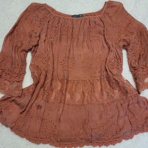 Nina Murati Made In Italy Silk Blend Boho Embroidered Peasant Blouse Size 28/Sm.